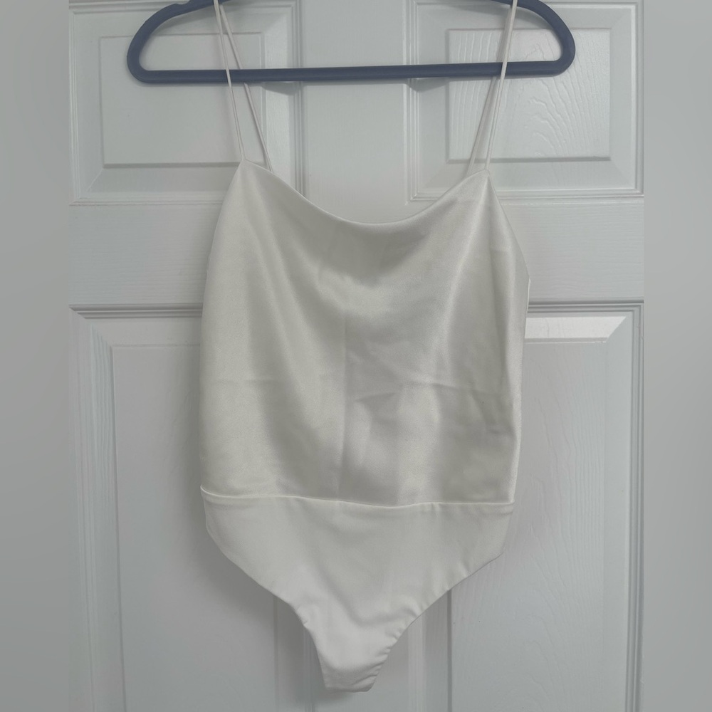 Alice + Olivia Harmon White Satin Bodysuit